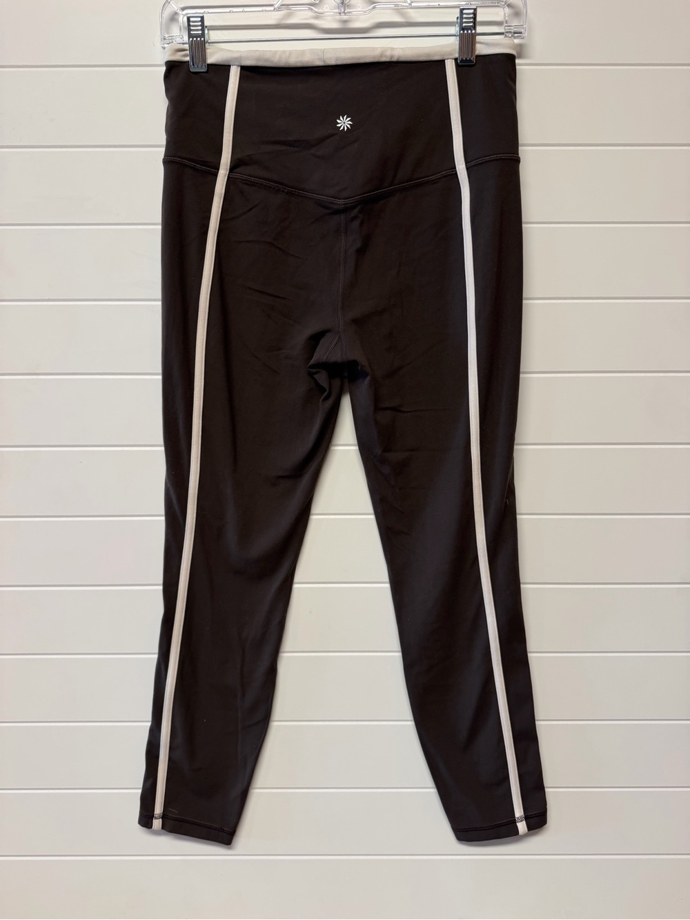 Athleta Black Leggings with Cream Side Stripes